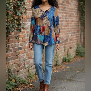 Panhandle Juniors patchwork long sleeve front lace up top size small boho chic